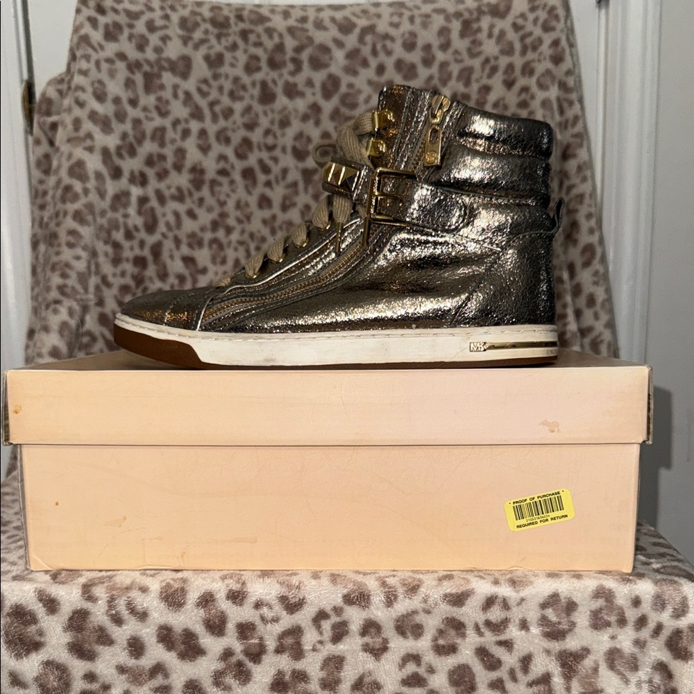 Michael Kors Metallic Bronze High-Top Sneakers with Studded Straps